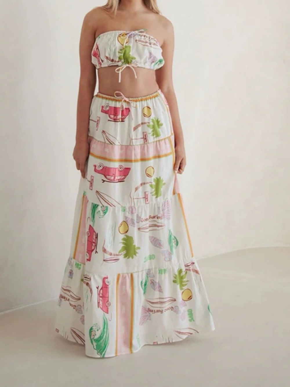 Tiered Maxi Skirt in White with Pink & Green Print